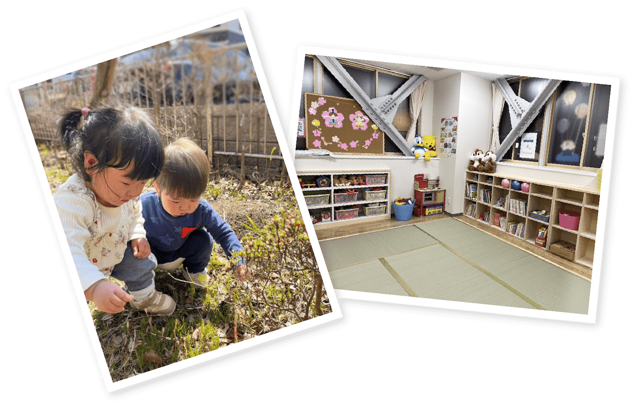 外遊びの様子、保育室